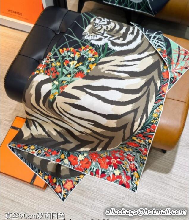 Luxury Cheap Hermes Tiger Tyger Silk Square Scarf 90x90cm 1175 Black 2025