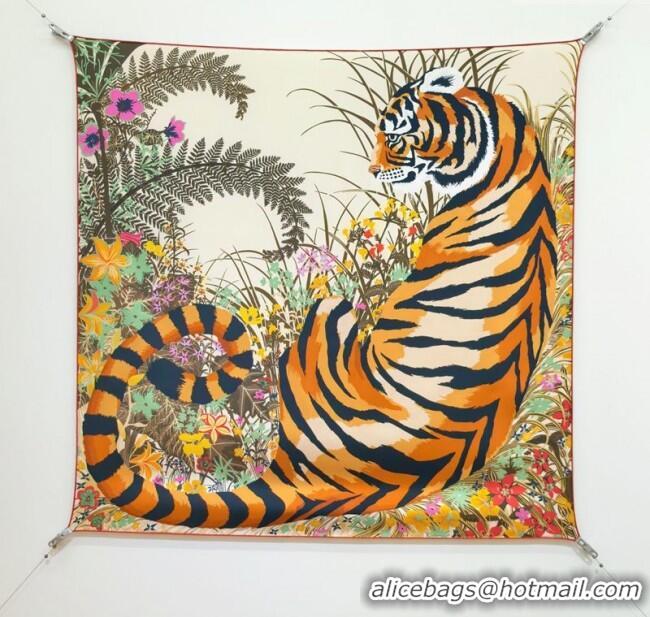 Luxury Cheap Hermes Tiger Tyger Silk Square Scarf 90x90cm 1175 White 2025