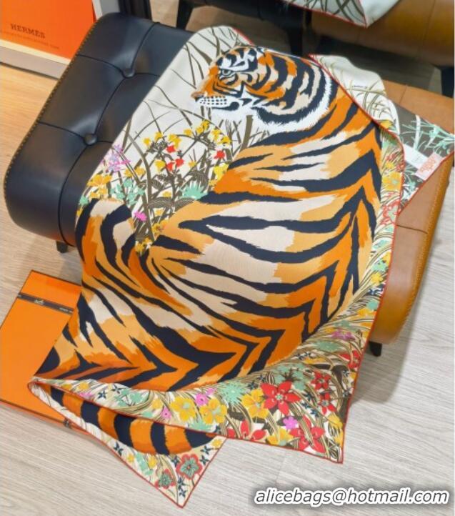 Luxury Cheap Hermes Tiger Tyger Silk Square Scarf 90x90cm 1175 White 2025