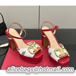 Classic Hot Valentino VLogo Signature Cherryfic Platform Sandals in Canvas and Leather White/Red 1028001