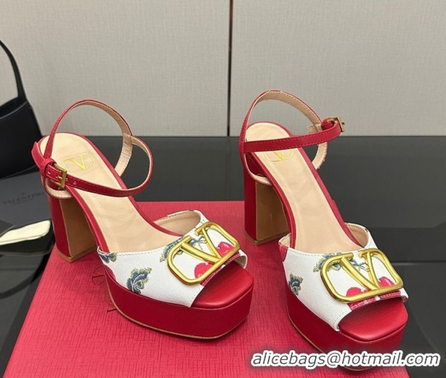 Classic Hot Valentino VLogo Signature Cherryfic Platform Sandals in Canvas and Leather White/Red 1028001