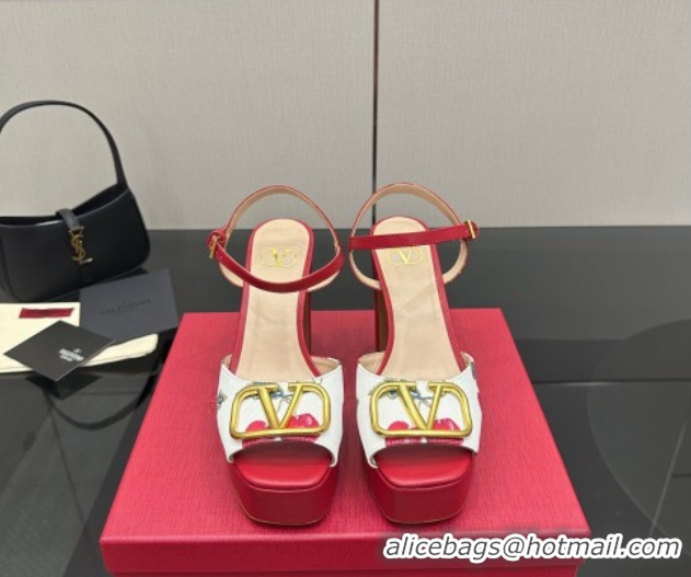 Classic Hot Valentino VLogo Signature Cherryfic Platform Sandals in Canvas and Leather White/Red 1028001