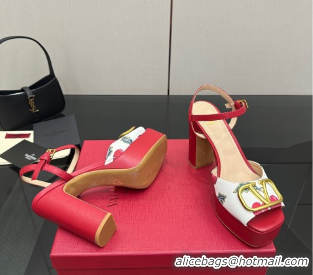 Classic Hot Valentino VLogo Signature Cherryfic Platform Sandals in Canvas and Leather White/Red 1028001