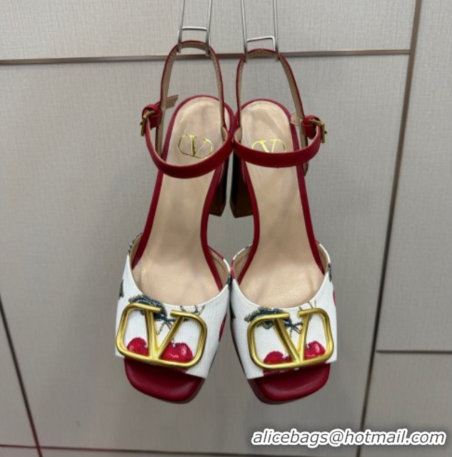 Classic Hot Valentino VLogo Signature Cherryfic Platform Sandals in Canvas and Leather White/Red 1028001
