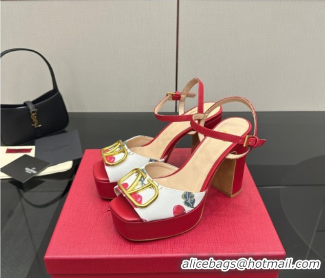 Classic Hot Valentino VLogo Signature Cherryfic Platform Sandals in Canvas and Leather White/Red 1028001