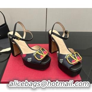 Best Grade Valentino VLogo Signature Cherryfic Platform Sandals in Denim and Leather Black 1028003