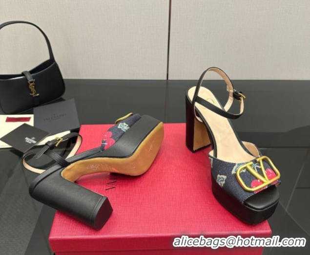 Best Grade Valentino VLogo Signature Cherryfic Platform Sandals in Denim and Leather Black 1028003