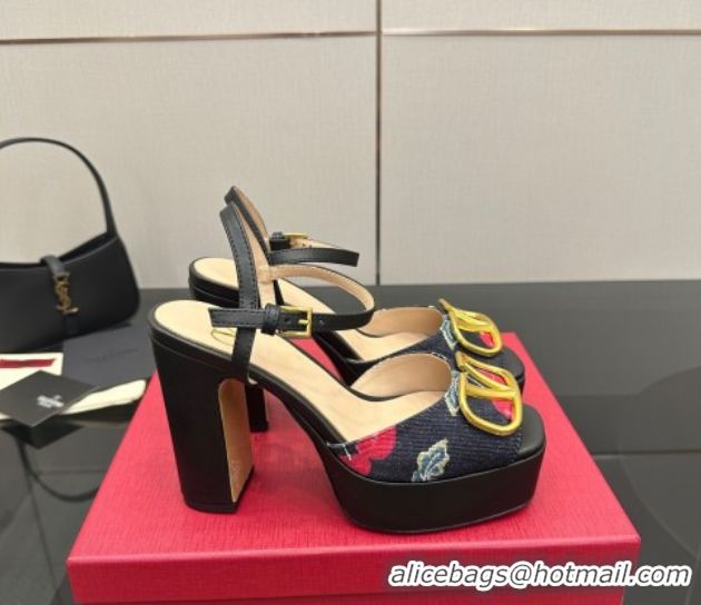 Best Grade Valentino VLogo Signature Cherryfic Platform Sandals in Denim and Leather Black 1028003