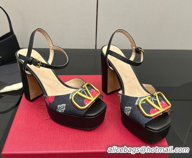 Best Grade Valentino VLogo Signature Cherryfic Platform Sandals in Denim and Leather Black 1028003