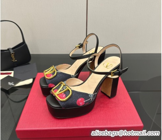 Best Grade Valentino VLogo Signature Cherryfic Platform Sandals in Denim and Leather Black 1028003