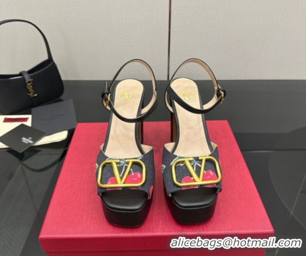 Best Grade Valentino VLogo Signature Cherryfic Platform Sandals in Denim and Leather Black 1028003