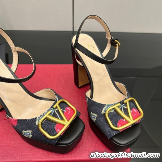 Best Grade Valentino VLogo Signature Cherryfic Platform Sandals in Denim and Leather Black 1028003
