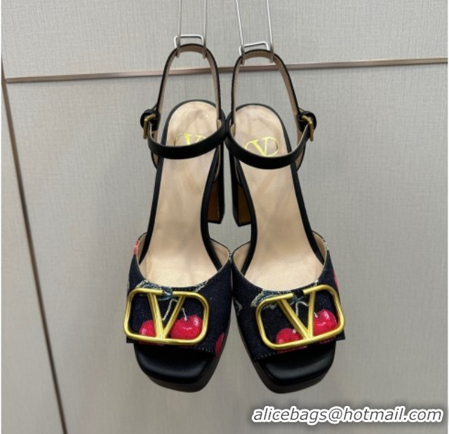 Best Grade Valentino VLogo Signature Cherryfic Platform Sandals in Denim and Leather Black 1028003