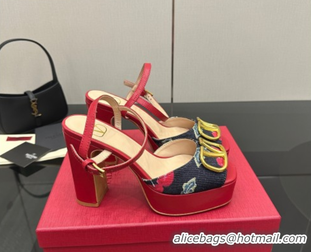 Grade Quality Valentino VLogo Signature Cherryfic Platform Sandals in Denim and Leather Black/Red 1028004