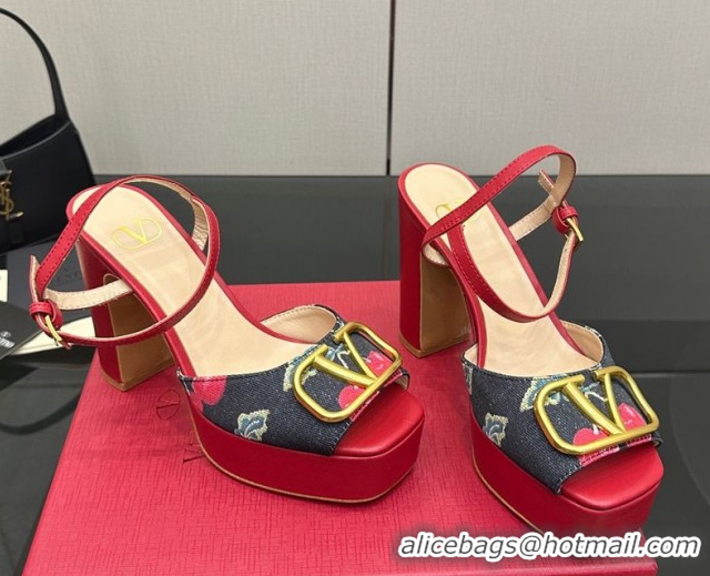 Grade Quality Valentino VLogo Signature Cherryfic Platform Sandals in Denim and Leather Black/Red 1028004