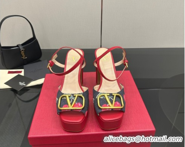 Grade Quality Valentino VLogo Signature Cherryfic Platform Sandals in Denim and Leather Black/Red 1028004