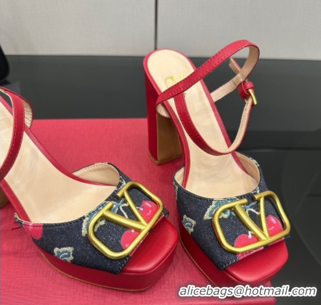 Grade Quality Valentino VLogo Signature Cherryfic Platform Sandals in Denim and Leather Black/Red 1028004