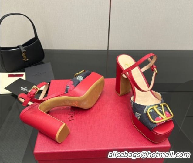 Grade Quality Valentino VLogo Signature Cherryfic Platform Sandals in Denim and Leather Black/Red 1028004