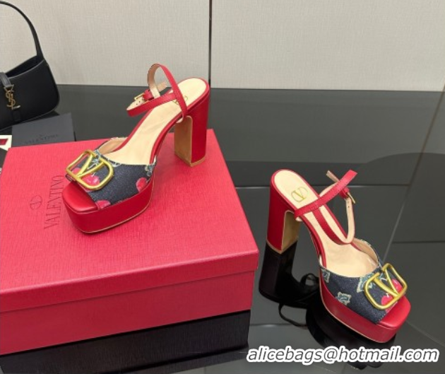 Grade Quality Valentino VLogo Signature Cherryfic Platform Sandals in Denim and Leather Black/Red 1028004