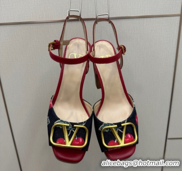 Grade Quality Valentino VLogo Signature Cherryfic Platform Sandals in Denim and Leather Black/Red 1028004