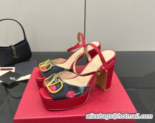 Grade Quality Valentino VLogo Signature Cherryfic Platform Sandals in Denim and Leather Black/Red 1028004