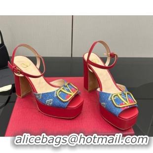 Low Price Valentino VLogo Signature Cherryfic Platform Sandals in Denim and Leather Blue/Red 1028005