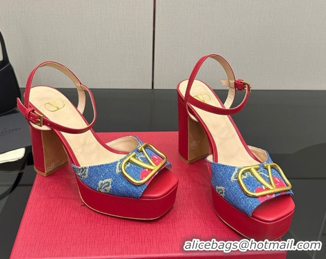 Low Price Valentino VLogo Signature Cherryfic Platform Sandals in Denim and Leather Blue/Red 1028005