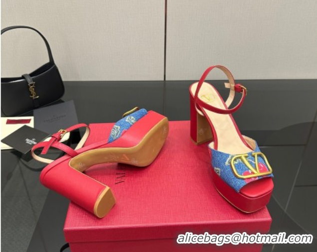 Low Price Valentino VLogo Signature Cherryfic Platform Sandals in Denim and Leather Blue/Red 1028005