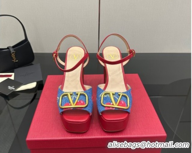 Low Price Valentino VLogo Signature Cherryfic Platform Sandals in Denim and Leather Blue/Red 1028005