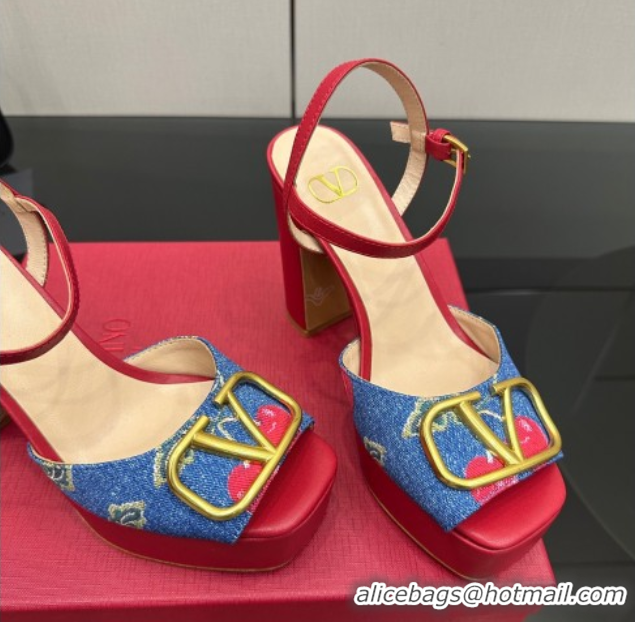 Low Price Valentino VLogo Signature Cherryfic Platform Sandals in Denim and Leather Blue/Red 1028005