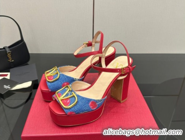 Low Price Valentino VLogo Signature Cherryfic Platform Sandals in Denim and Leather Blue/Red 1028005