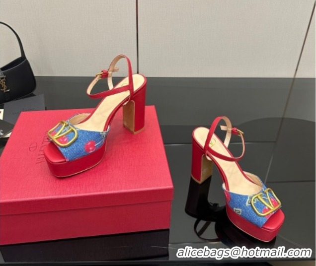 Low Price Valentino VLogo Signature Cherryfic Platform Sandals in Denim and Leather Blue/Red 1028005