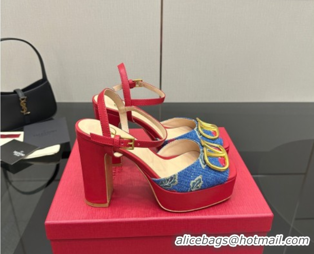 Low Price Valentino VLogo Signature Cherryfic Platform Sandals in Denim and Leather Blue/Red 1028005