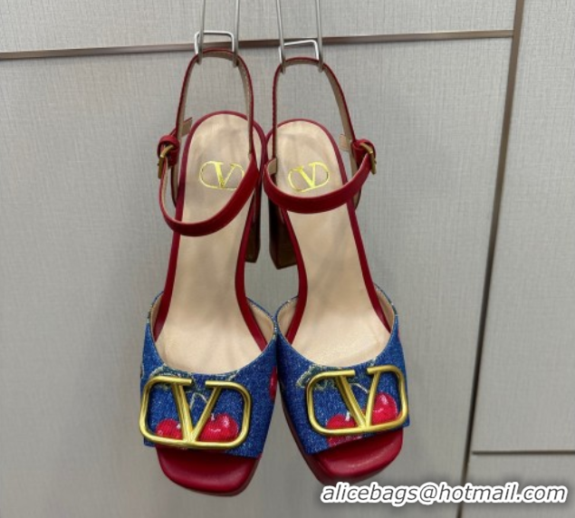 Low Price Valentino VLogo Signature Cherryfic Platform Sandals in Denim and Leather Blue/Red 1028005