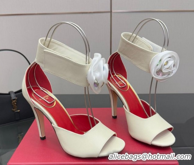 Good Looking Valentino Drip Rose Heel Sandals 10.5cm in Calfskin Leather White 1028007