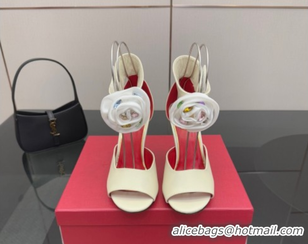Good Looking Valentino Drip Rose Heel Sandals 10.5cm in Calfskin Leather White 1028007