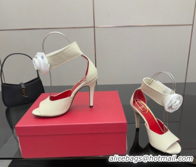 Good Looking Valentino Drip Rose Heel Sandals 10.5cm in Calfskin Leather White 1028007