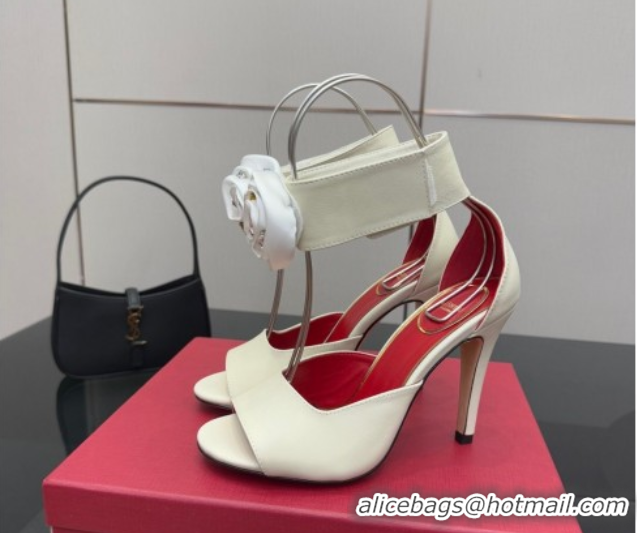 Good Looking Valentino Drip Rose Heel Sandals 10.5cm in Calfskin Leather White 1028007