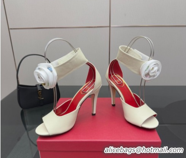 Good Looking Valentino Drip Rose Heel Sandals 10.5cm in Calfskin Leather White 1028007