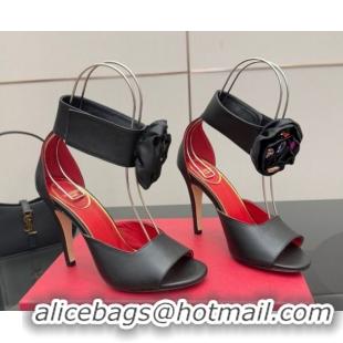 Top Design Valentino Drip Rose Heel Sandals 10.5cm in Calfskin Leather Black 1028008