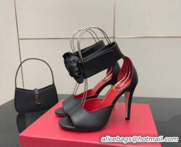 Top Design Valentino Drip Rose Heel Sandals 10.5cm in Calfskin Leather Black 1028008