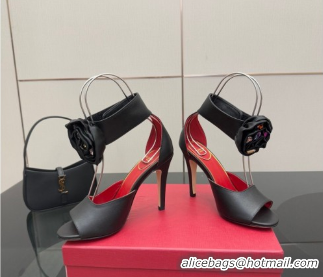Top Design Valentino Drip Rose Heel Sandals 10.5cm in Calfskin Leather Black 1028008