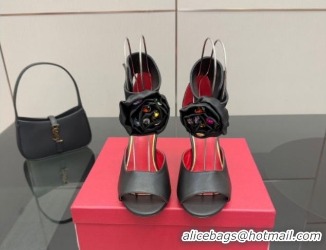 Top Design Valentino Drip Rose Heel Sandals 10.5cm in Calfskin Leather Black 1028008