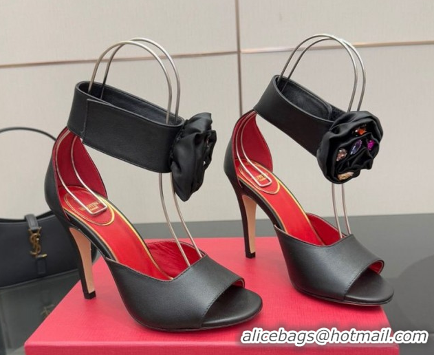 Top Design Valentino Drip Rose Heel Sandals 10.5cm in Calfskin Leather Black 1028008