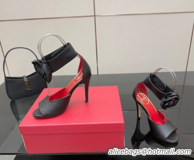 Top Design Valentino Drip Rose Heel Sandals 10.5cm in Calfskin Leather Black 1028008