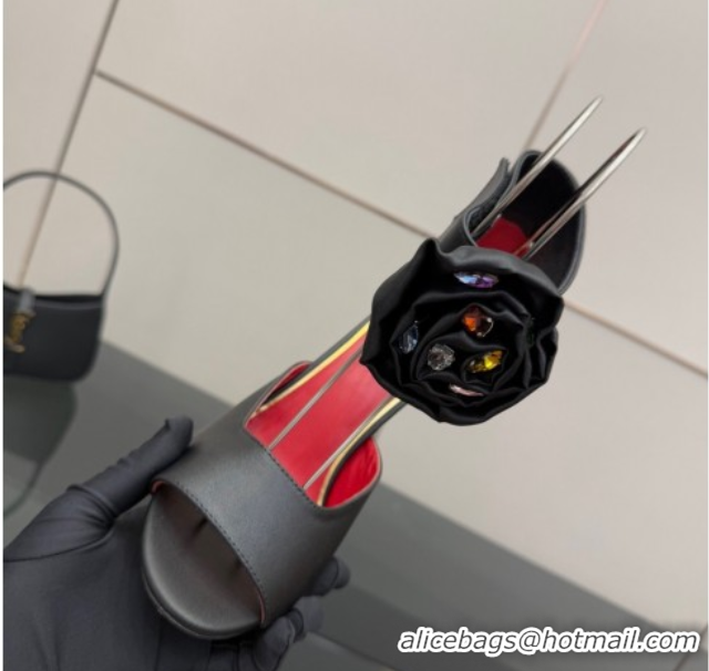 Top Design Valentino Drip Rose Heel Sandals 10.5cm in Calfskin Leather Black 1028008