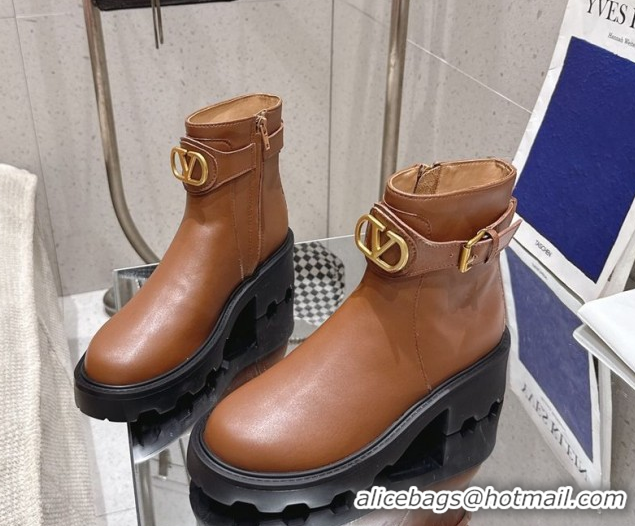 Popular Style Valentino VLogo Signature Strap Heel Ankle Boots 5.5cm in Calfskin Leather Brown 1028011