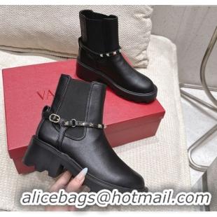Good Quality Valentino Rockstud Strap Heel Ankle Boots 5.5cm in Calfskin Leather Black 1028012