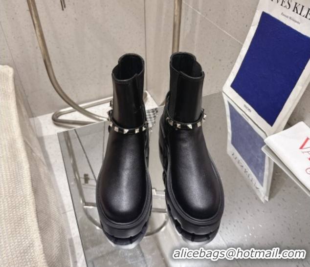 Good Quality Valentino Rockstud Strap Heel Ankle Boots 5.5cm in Calfskin Leather Black 1028012
