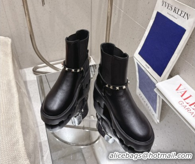 Good Quality Valentino Rockstud Strap Heel Ankle Boots 5.5cm in Calfskin Leather Black 1028012